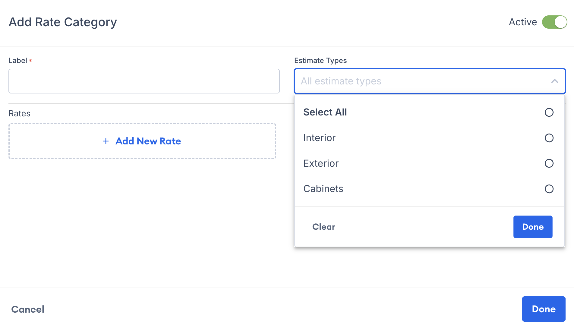 Screenshot showing the rate category creation window with label and estimate type selection