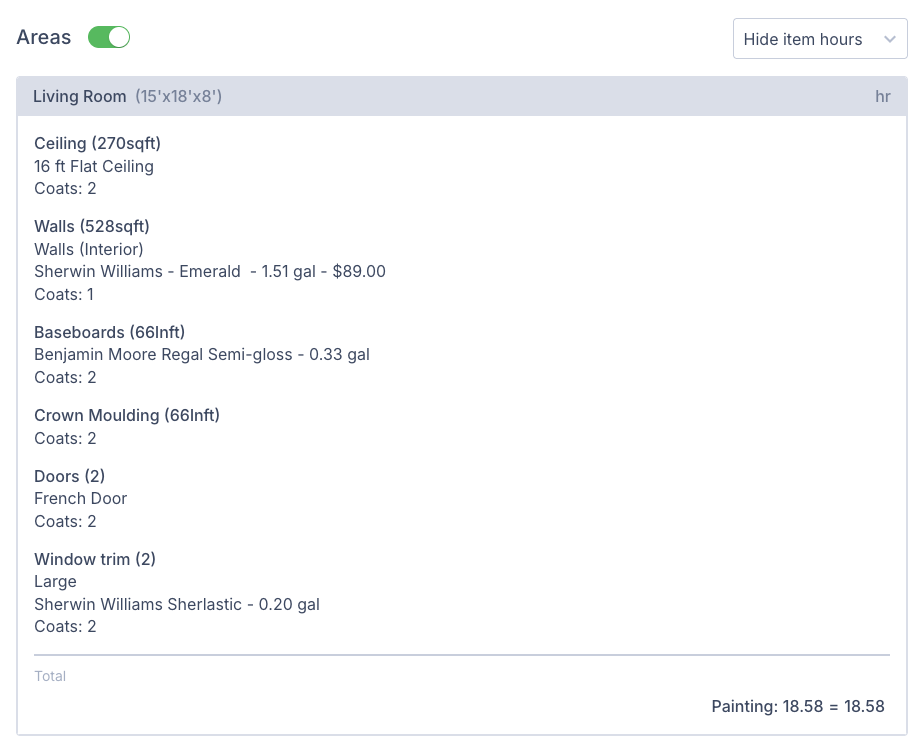 Screenshot showing a work order with the Hide item hours option applied, displaying only total hours