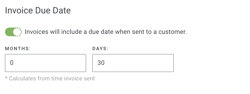 Screenshot showing the Invoice Due Date toggle and timeframe input field
