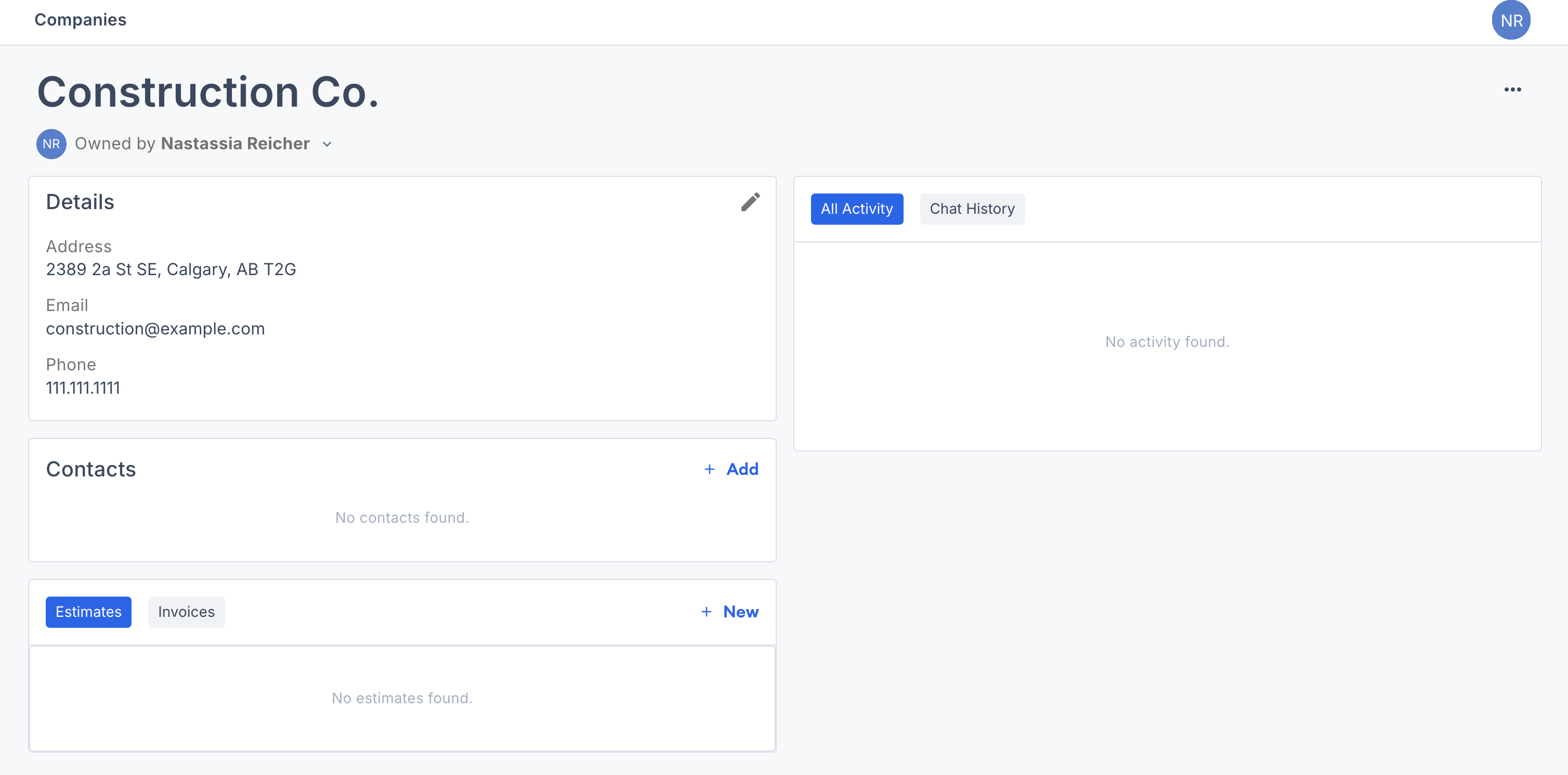 Screenshot showing a company page with related Estimates, Invoices, Activity, and Chat from associated contacts