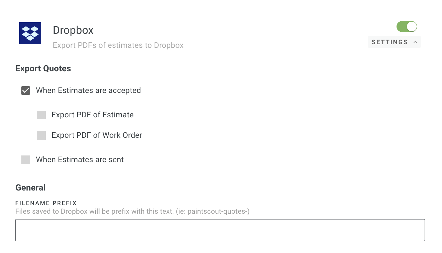 Screenshot showing the Dropbox integration settings with PDF upload timing and filename suffix options