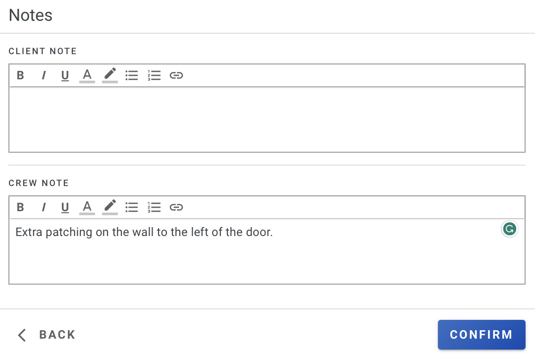 Screenshot showing the crew note text entry section on an area