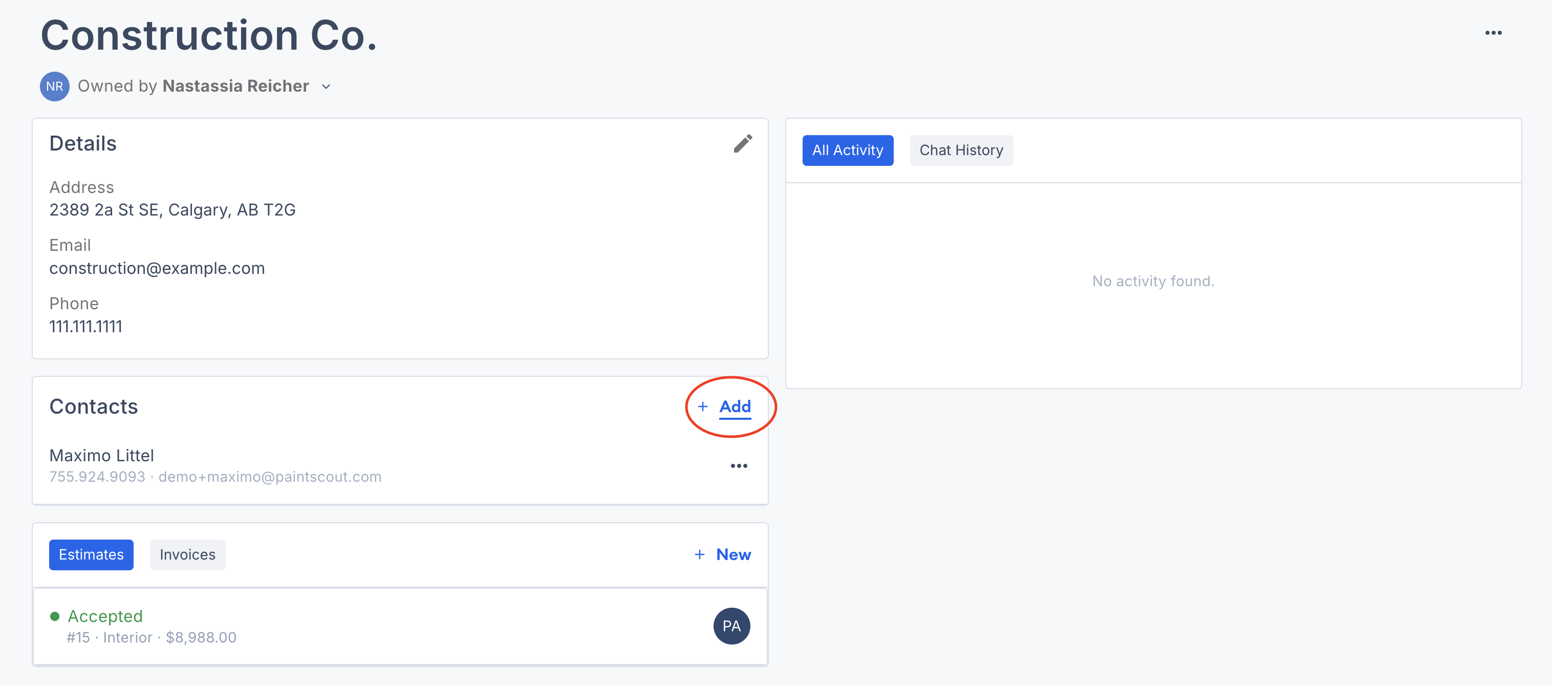 Screenshot showing the Add button in the Contacts section on a company page to link an associated contact