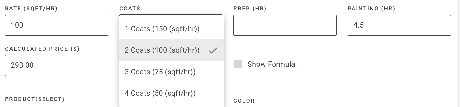 Screenshot showing the Coats dropdown menu for selecting the number of coats on a surface
