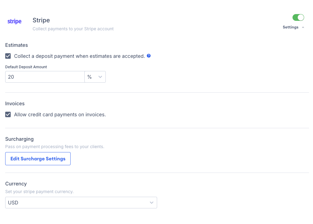 Screenshot showing the Stripe payment settings dropdown with deposit, invoice payment, and surcharging options