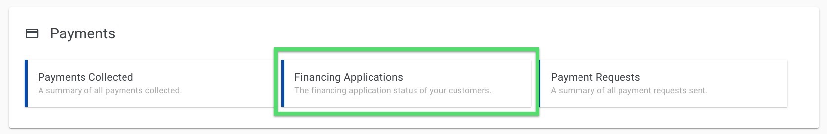 Screenshot showing the Reports tab with the Financing Applications option under the Payments section