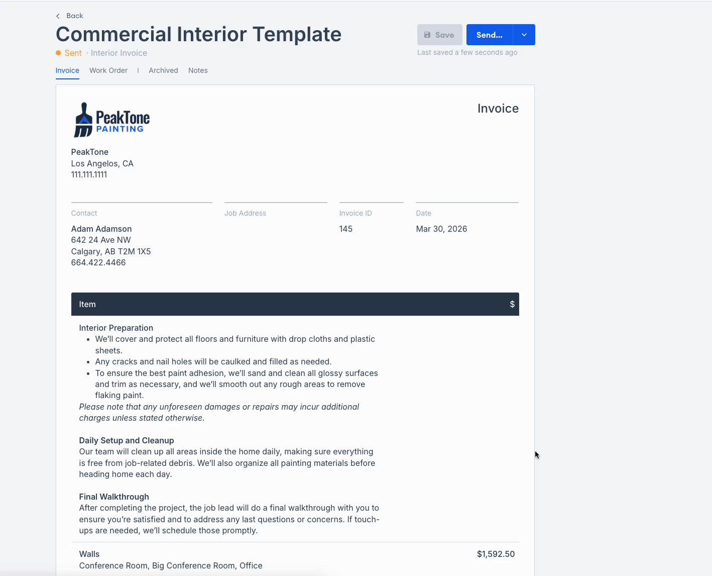 Screenshot showing the Archive Invoice option in the dropdown beside the Send button