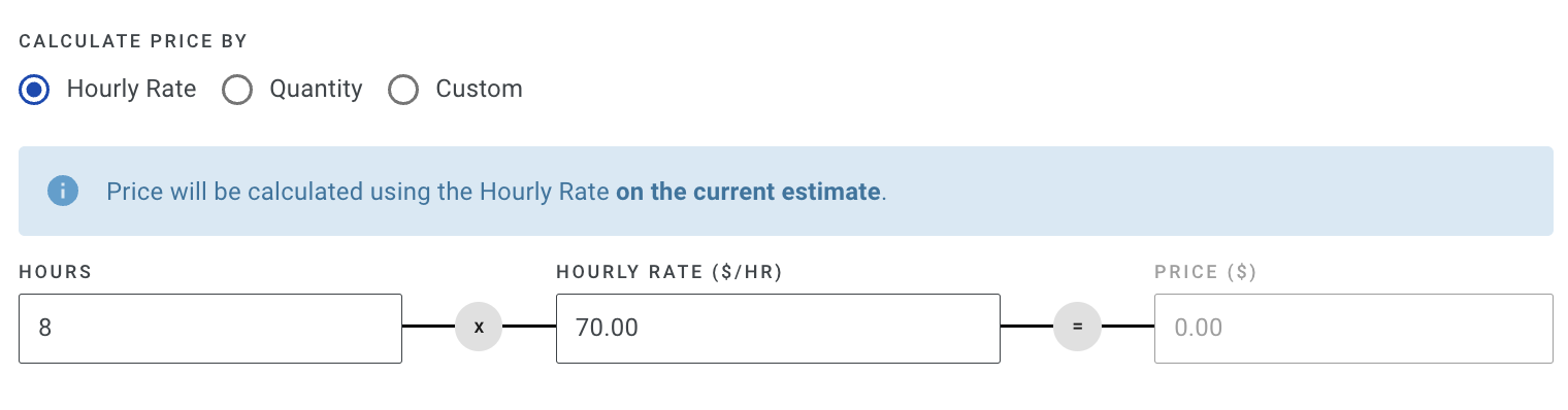 Screenshot showing the Hourly Rate pricing option with hours input field for a line item