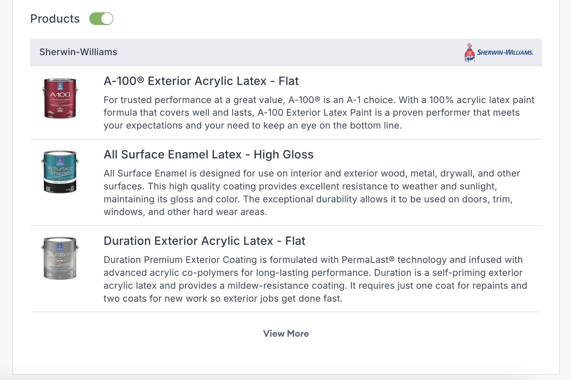 Screenshot showing the toggle button to hide or show the Products section on an estimate