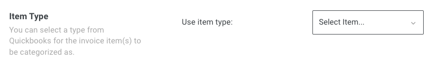 Screenshot showing the item type selection dropdown for QuickBooks integration