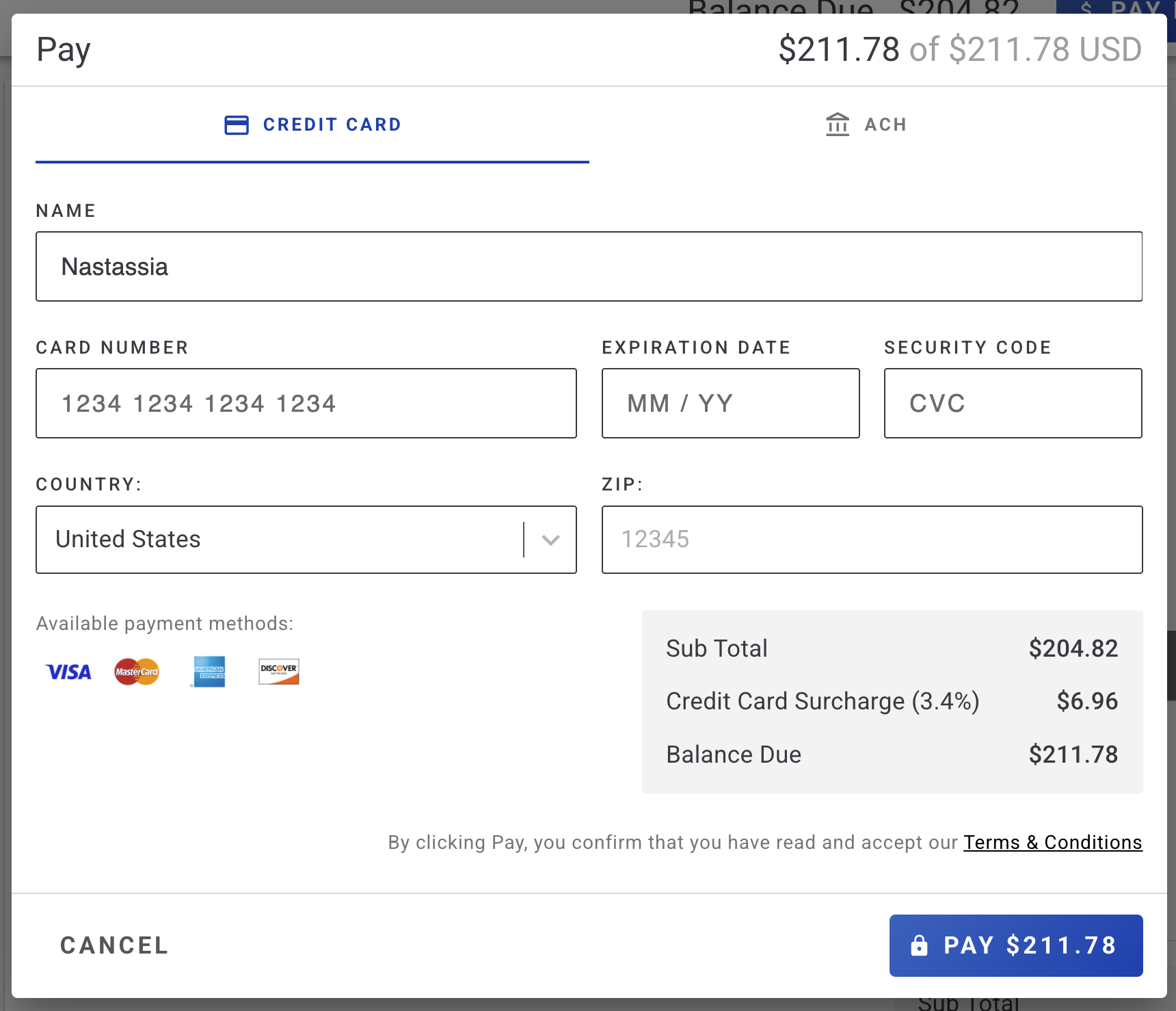 Screenshot showing the payment method selection dialog with Credit Card and ACH options