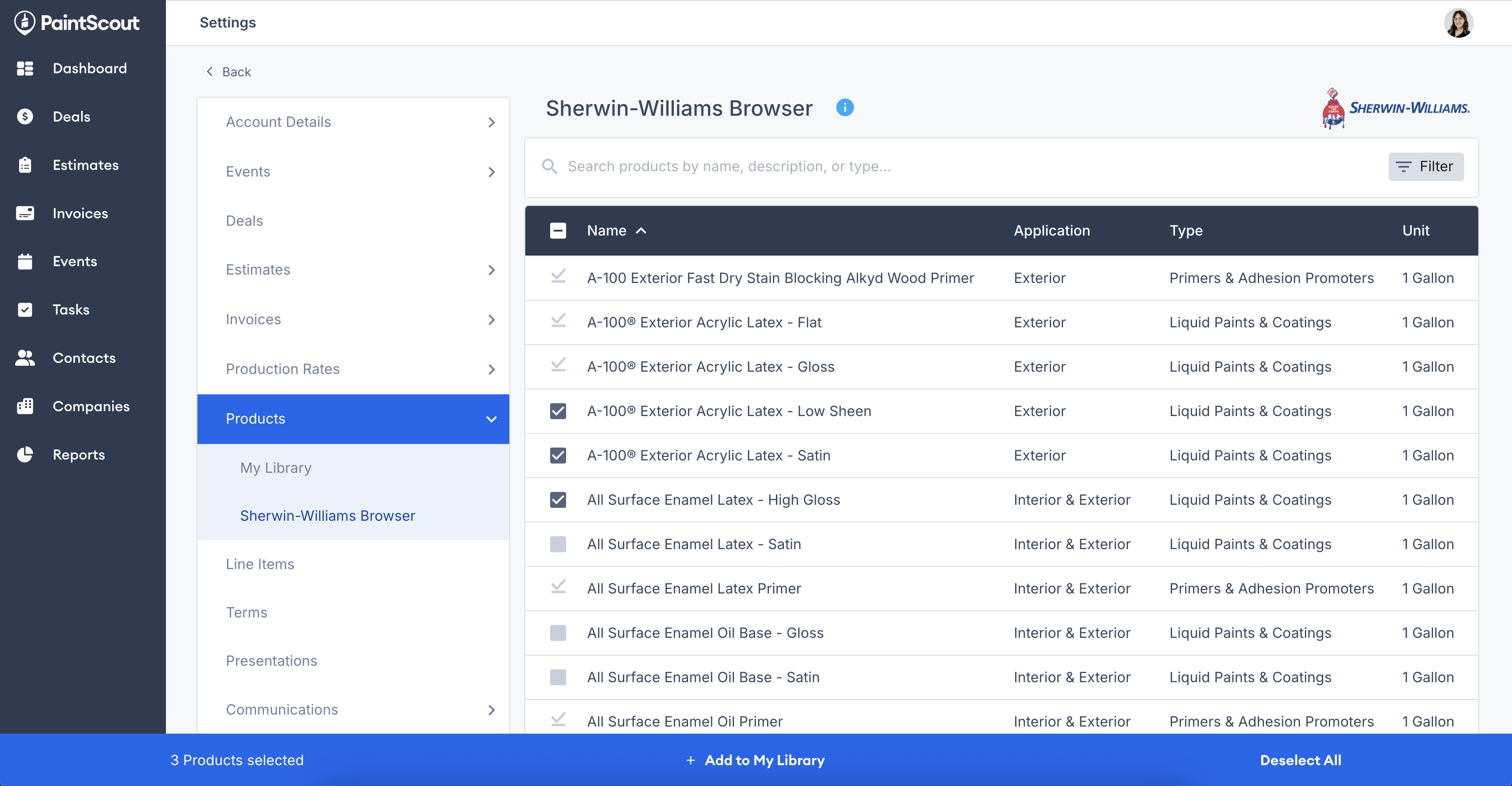 Screenshot showing the Sherwin-Williams Product Browser with products selected
