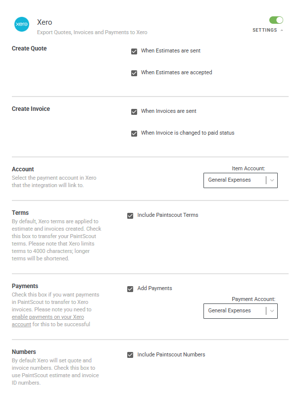 Screenshot showing the Xero integration settings drop-down menu for customization