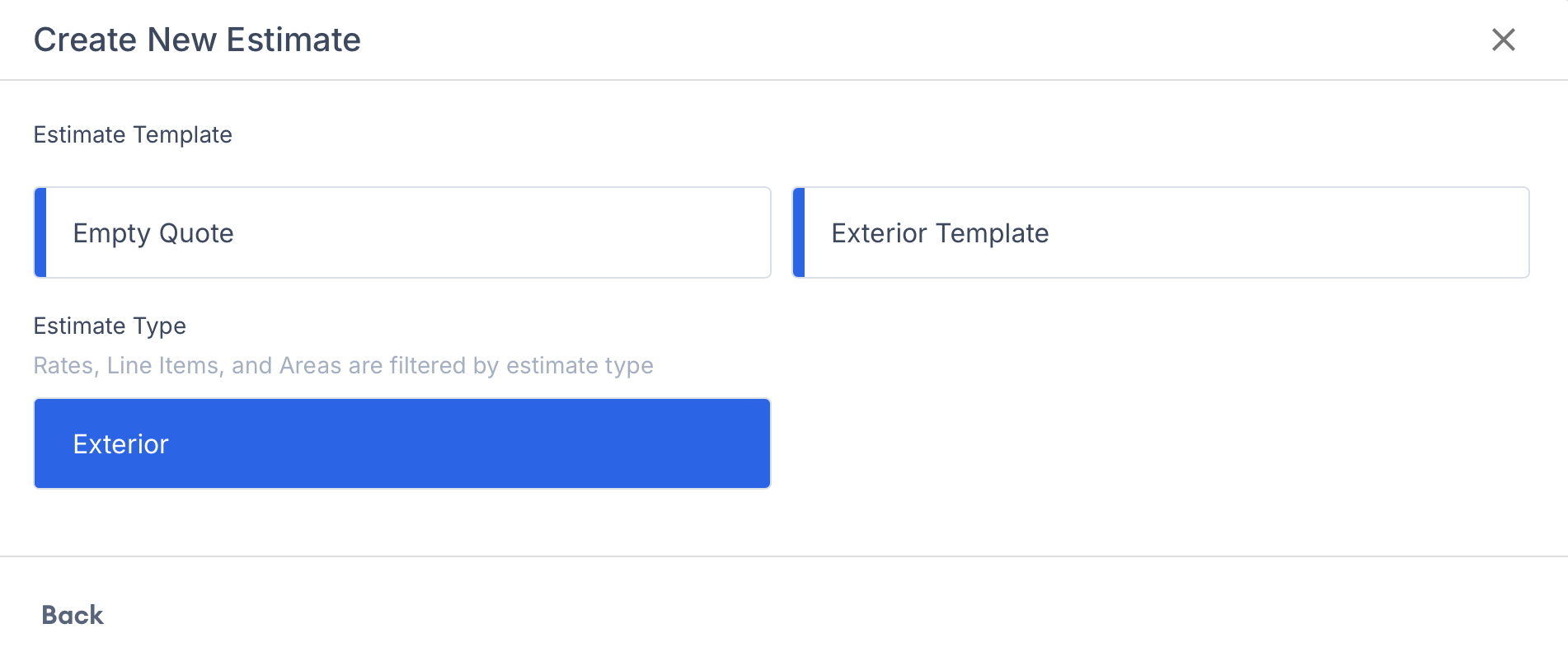 Screenshot showing template selection with the Empty Quote option for starting a blank estimate