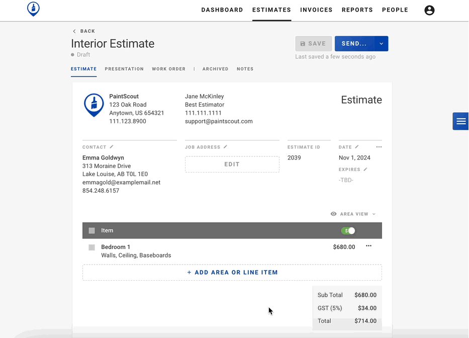 Screenshot showing the three-dot menu with the Copy option to duplicate an area or line item
