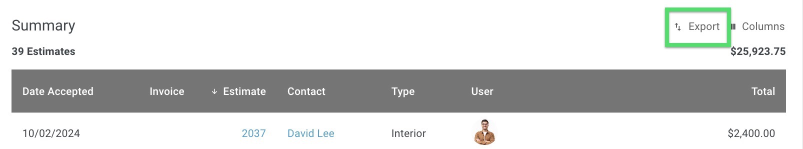 Screenshot showing the Export button in the Additional Work Report summary header for downloading a CSV file