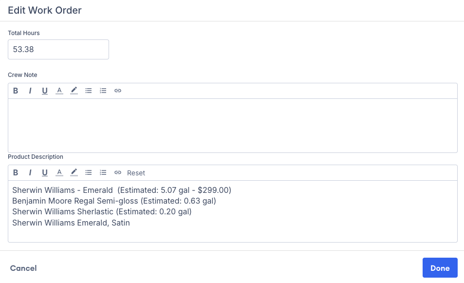Screenshot showing the Total Hours field on the work order that can be clicked to edit