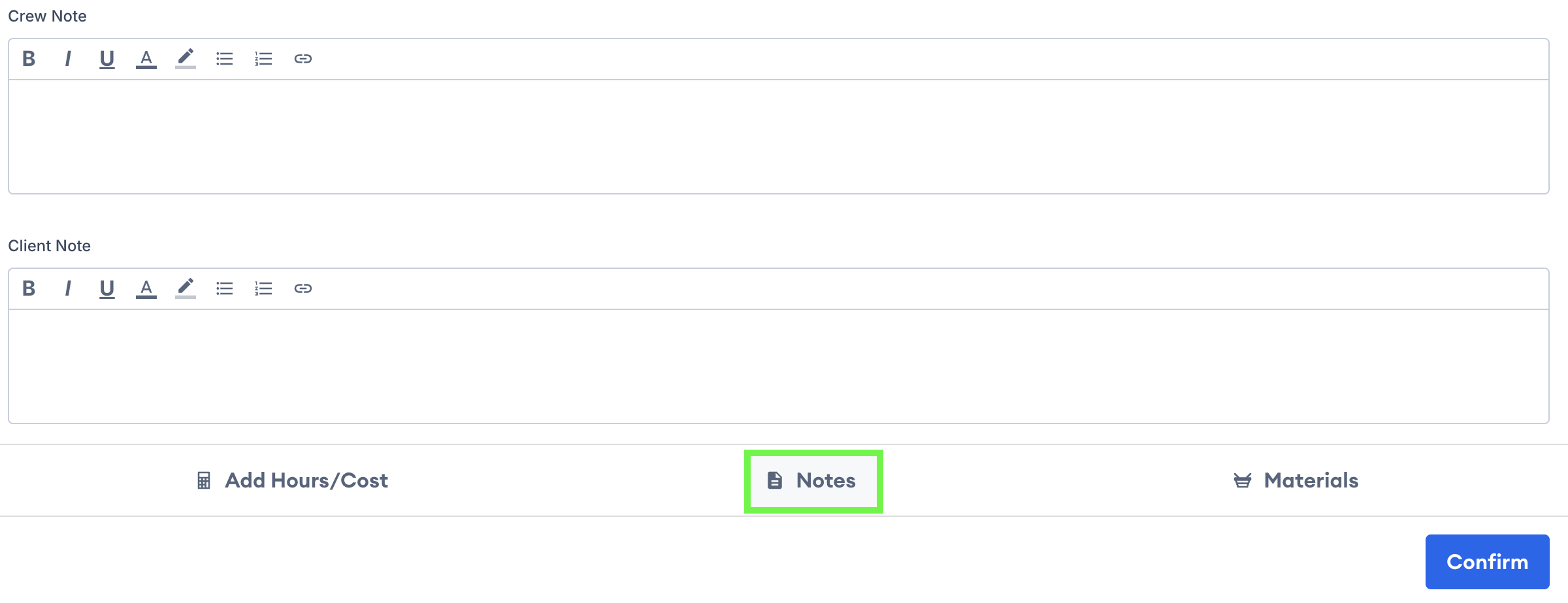 Screenshot showing the line item Notes section with Client Note and Crew Note fields