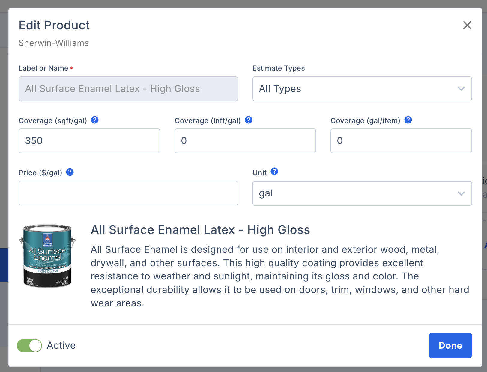 Screenshot showing product library options for adjusting price, coverage, and estimate type assignments