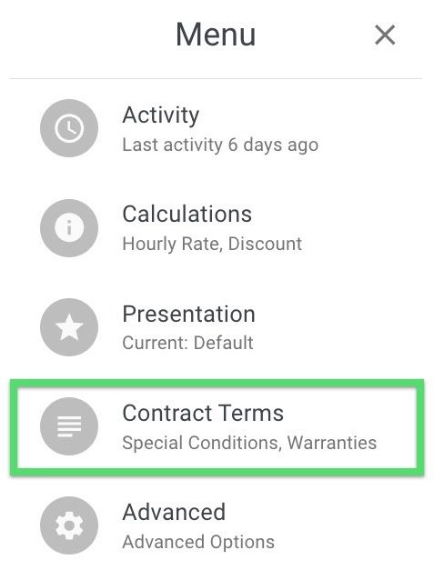 Screenshot showing the Contract Terms tab selected in the estimate sidebar