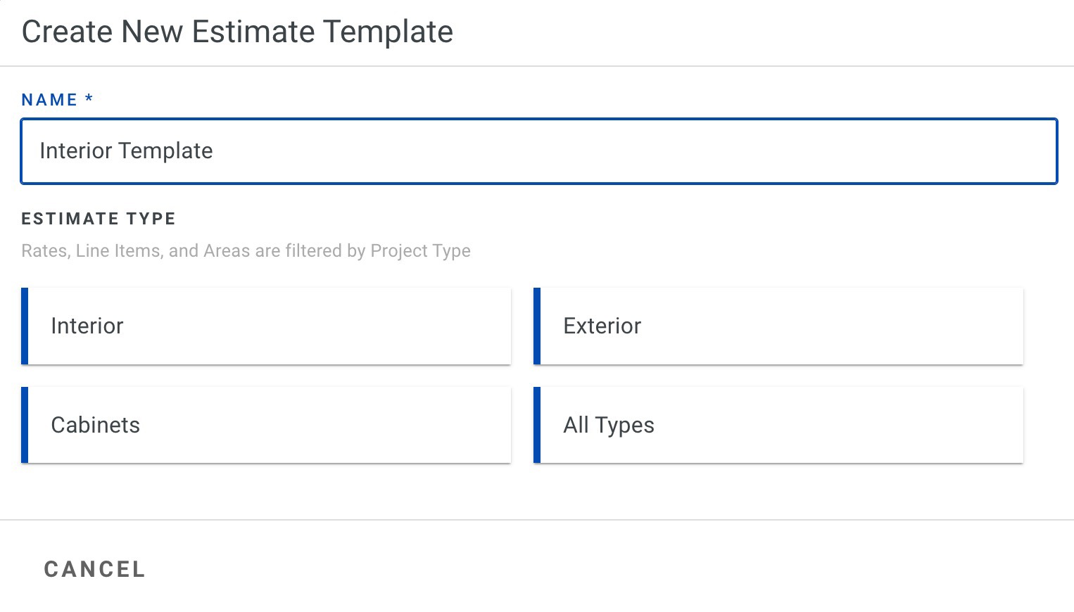 Screenshot showing the template name and estimate type selection dialog