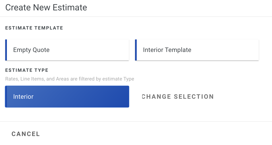 Screenshot showing template selection with the Empty Quote option for starting a blank estimate