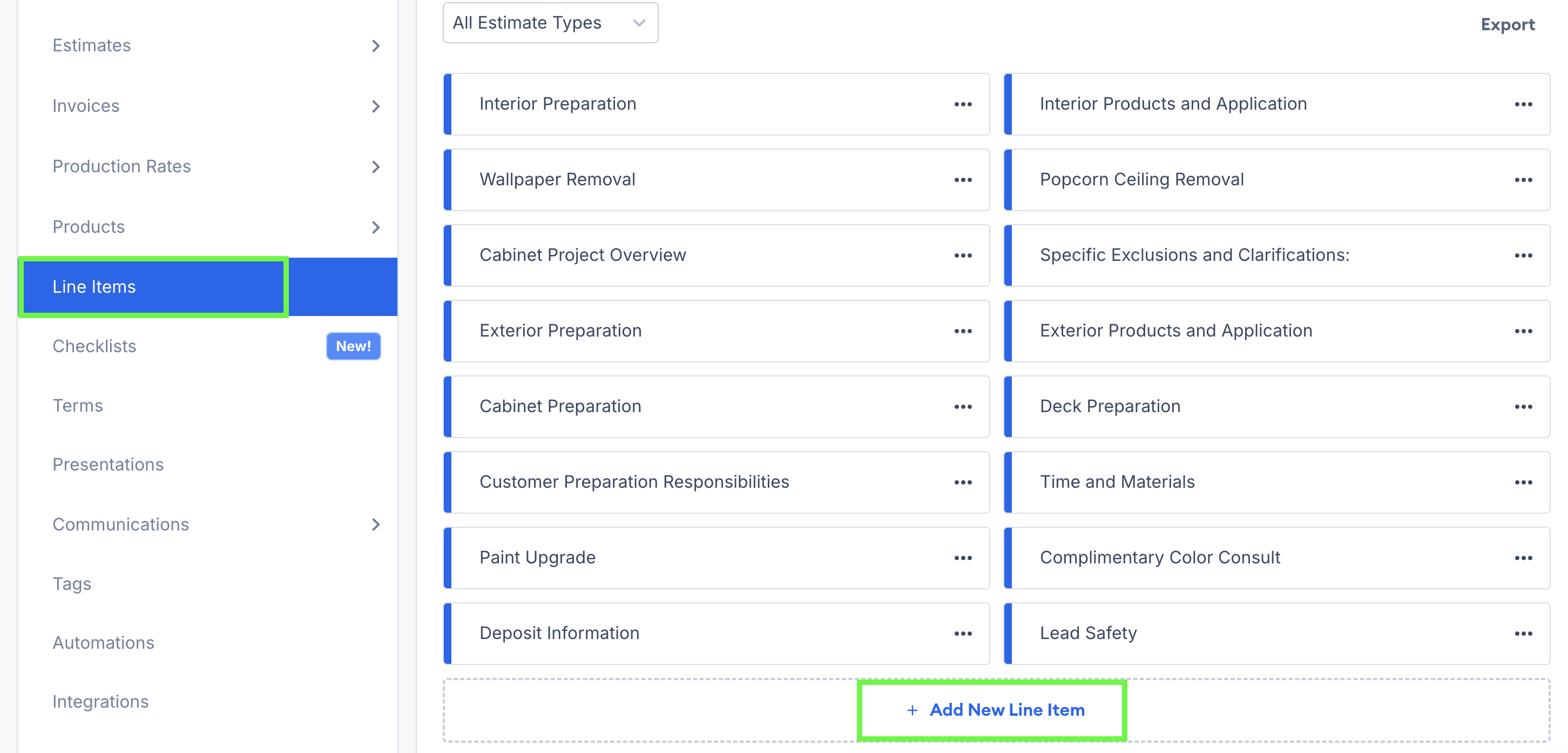 Screenshot showing the Line Items settings page with the Add New Line Item button