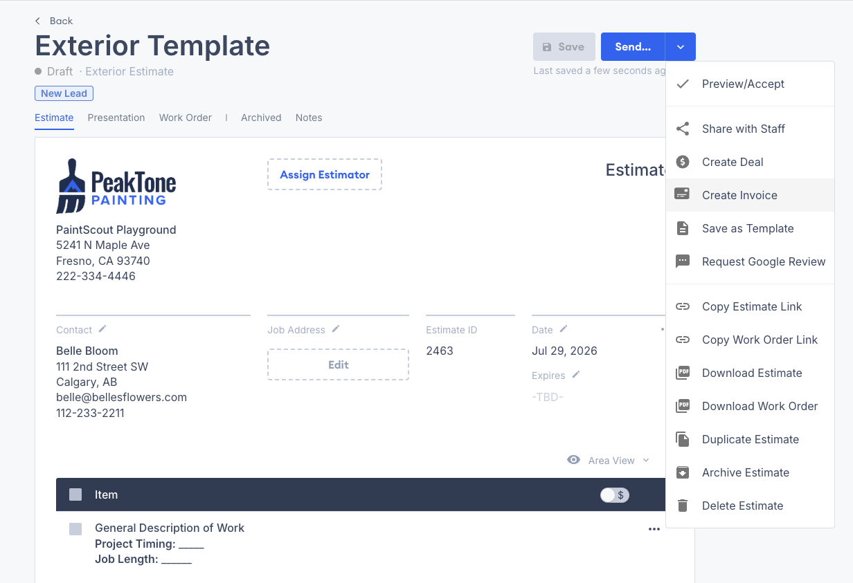 Screenshot showing the Create Invoice option in the dropdown menu beside the Send button